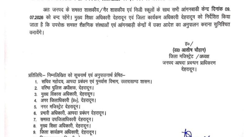 ऑरेंज अलर्ट के बीच बड़ा फैसला, 9 जुलाई को देहरादून के सभी स्कूल रहेंगे बंद