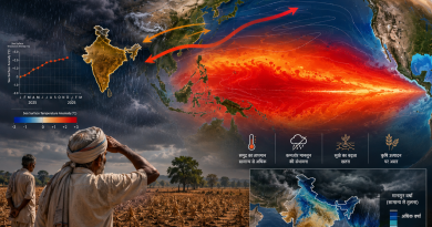 2026 El Niño का दृश्य जिसमें गर्म प्रशांत महासागर, भारत पर कमजोर मानसून, सूखे खेत और चिंतित किसान दिखाई दे रहे हैं।