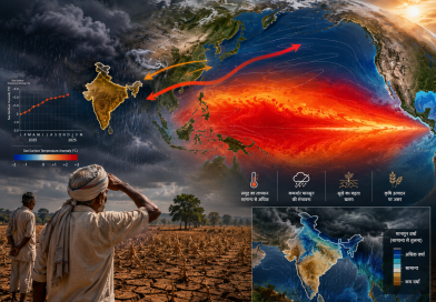 2026 El Niño का दृश्य जिसमें गर्म प्रशांत महासागर, भारत पर कमजोर मानसून, सूखे खेत और चिंतित किसान दिखाई दे रहे हैं।