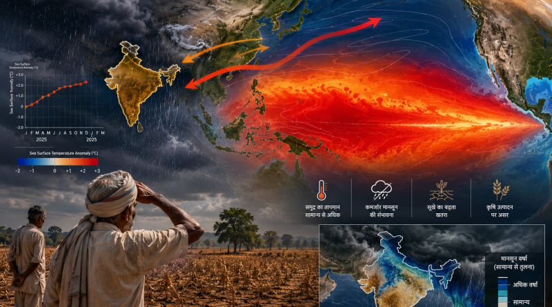 2026 El Niño का दृश्य जिसमें गर्म प्रशांत महासागर, भारत पर कमजोर मानसून, सूखे खेत और चिंतित किसान दिखाई दे रहे हैं।